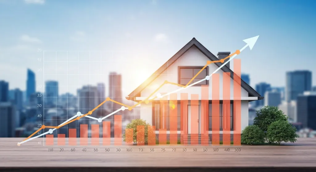 Gráfico de crescimento sobre um imóvel representando oportunidade de investimento imobiliário.