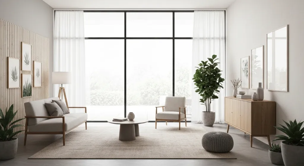 Sala de estar bem decorada com móveis funcionais e elementos naturais.