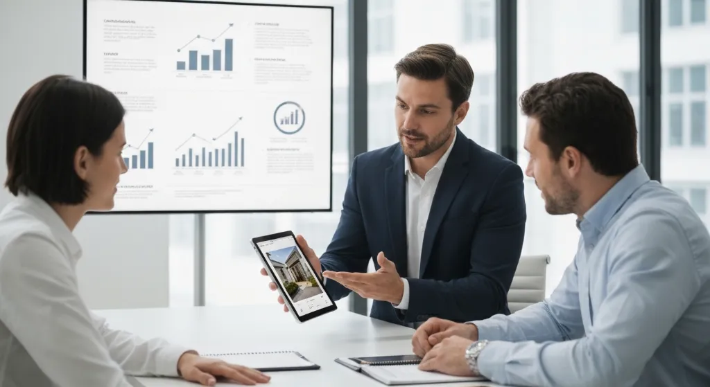 Profissional credenciado apresentando imóvel com estratégias de marketing