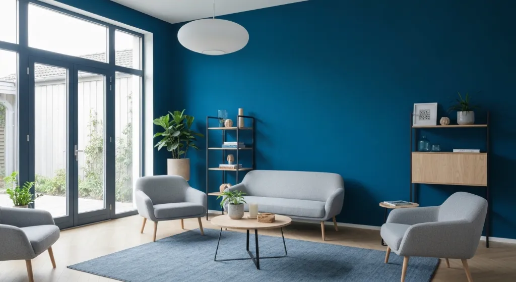 Sala de estar com parede de destaque azul e decoração moderna