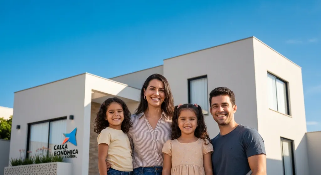Família feliz em frente à casa financiada pela Caixa