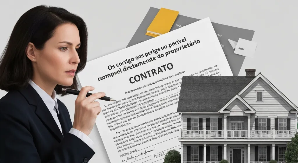Comprador analisando contrato de imóvel direto com proprietário, com riscos ocultos.