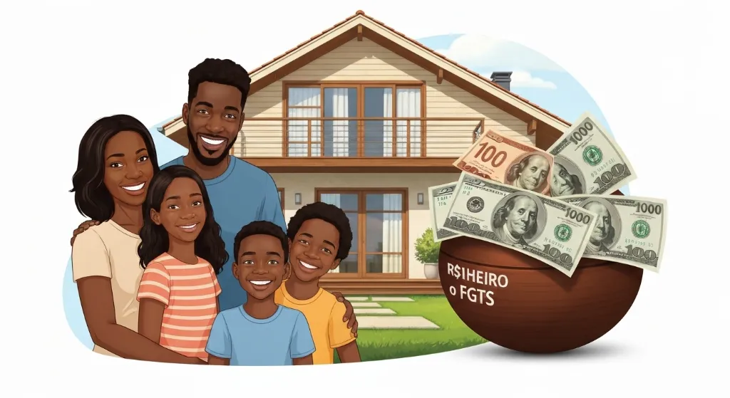 Família feliz em frente à casa própria conquistada com FGTS