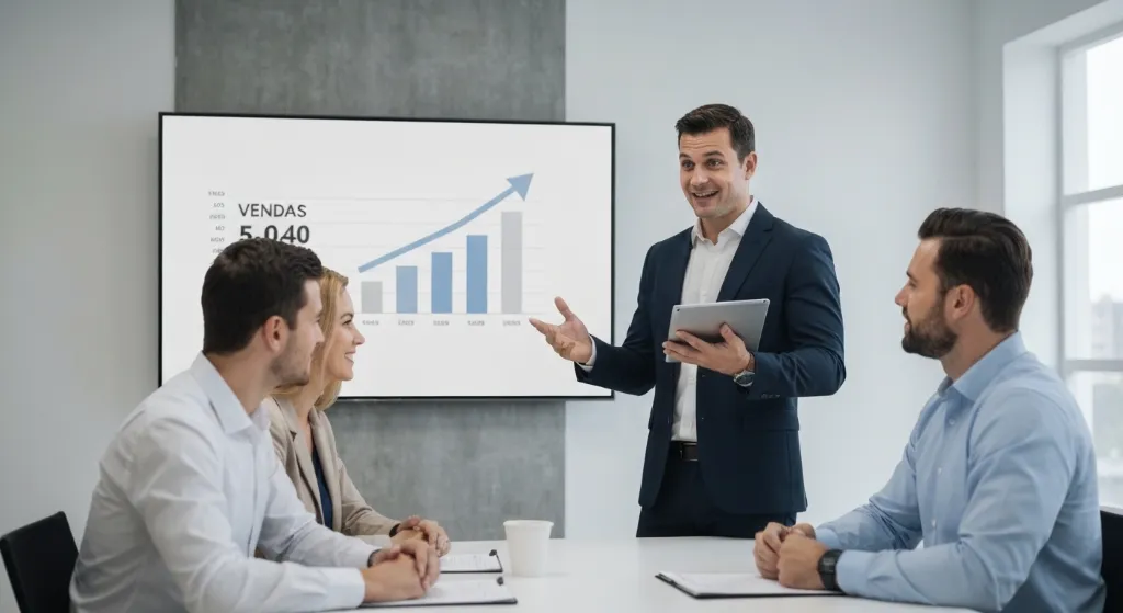 Corretor experiente explicando estratégia de vendas para proprietários