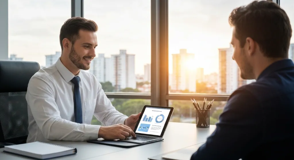 Corretor experiente apresenta projeções de venda de imóvel em tablet para proprietário