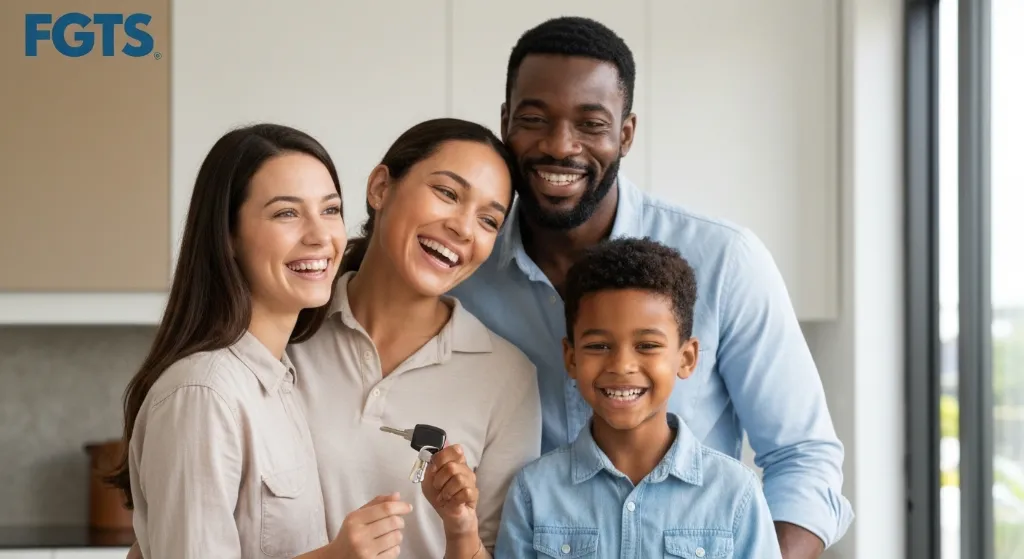 Família celebrando a compra de um imóvel usando FGTS