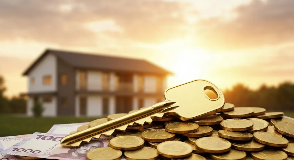 Chave de casa dourada sobre moedas com fundo de imóvel, representando investimento imobiliário com FGTS.