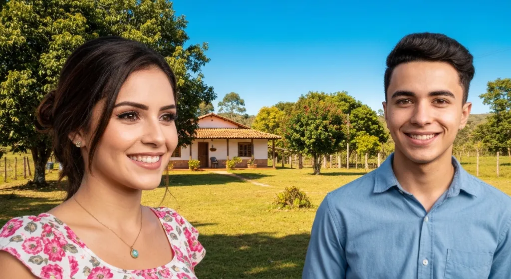Casal olhando para casa rural, com a ideia de usar FGTS