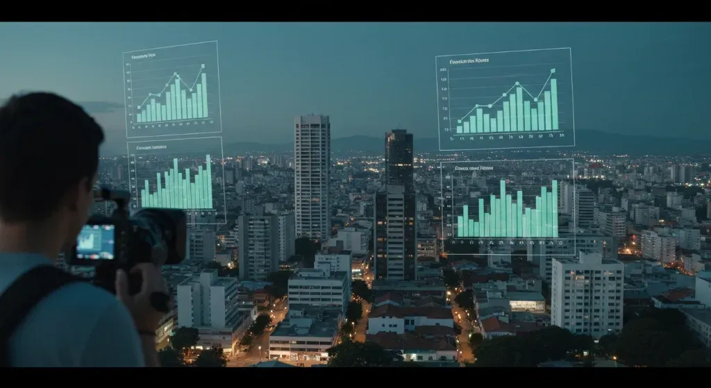 Previsão de tendências do mercado imobiliário em 2026 com análise de dados e gráficos de crescimento.