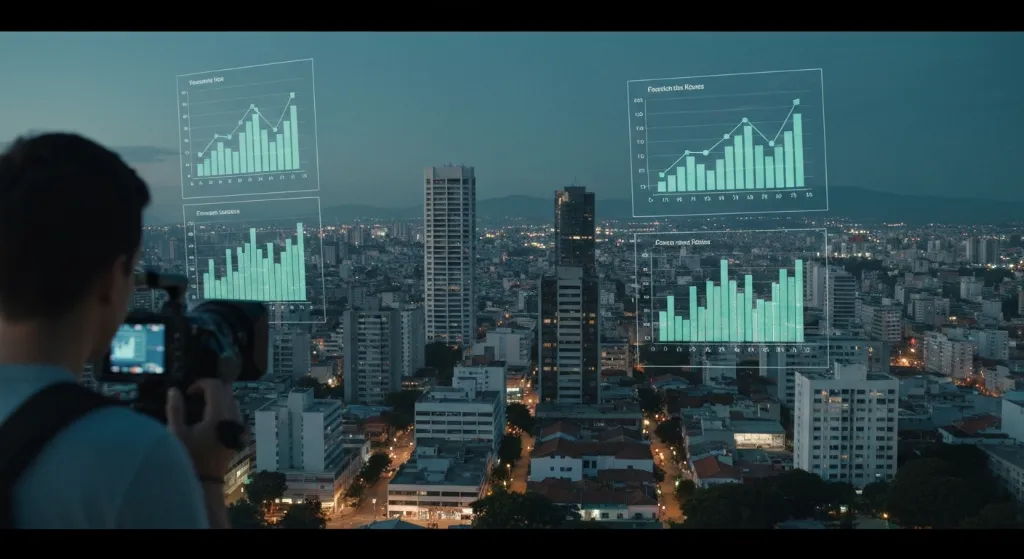 Previsão de tendências do mercado imobiliário em 2026 com análise de dados e gráficos de crescimento.