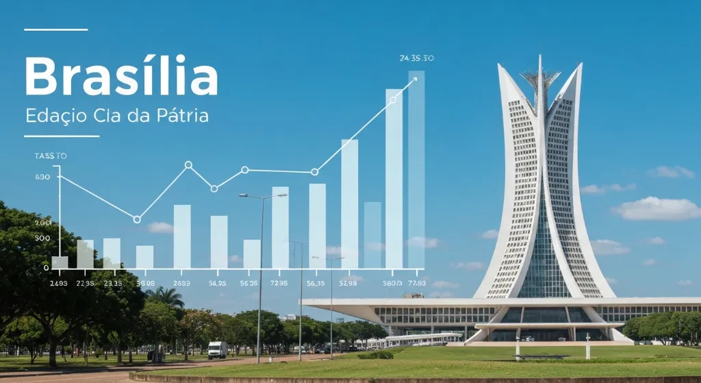 Gráfico de crescimento do mercado imobiliário em Brasília com edifícios icônicos ao fundo.