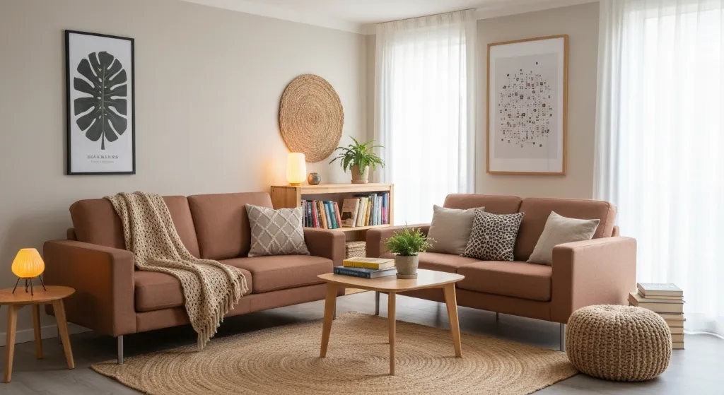 Sala de estar decorada de forma simples e barata com elementos acolhedores.