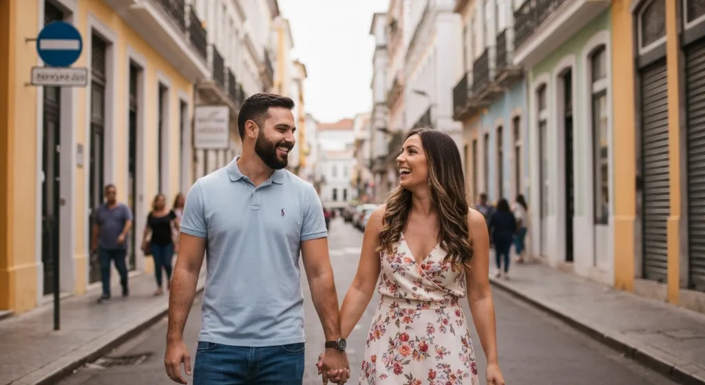 Casal feliz em frente a uma casa, com financiamento Santander.
