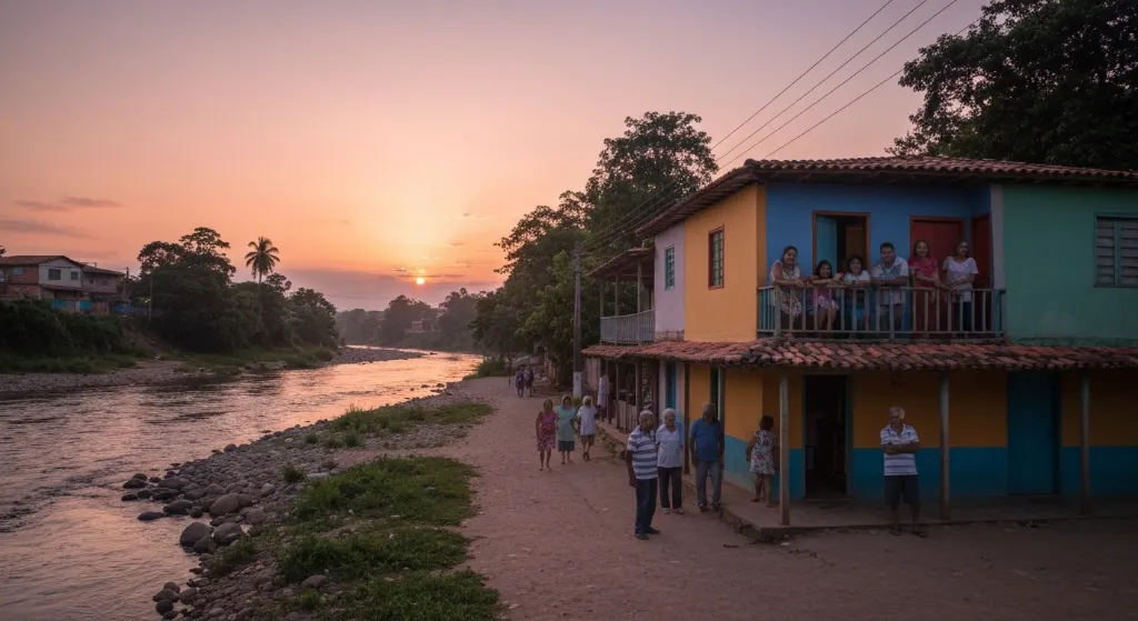 Família em frente a casa com paisagem urbana ao fundo