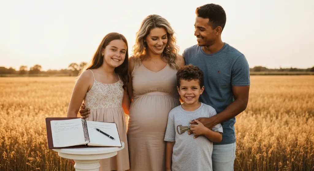 Família feliz com chaves da casa nova, planejando futuro com FGTS.