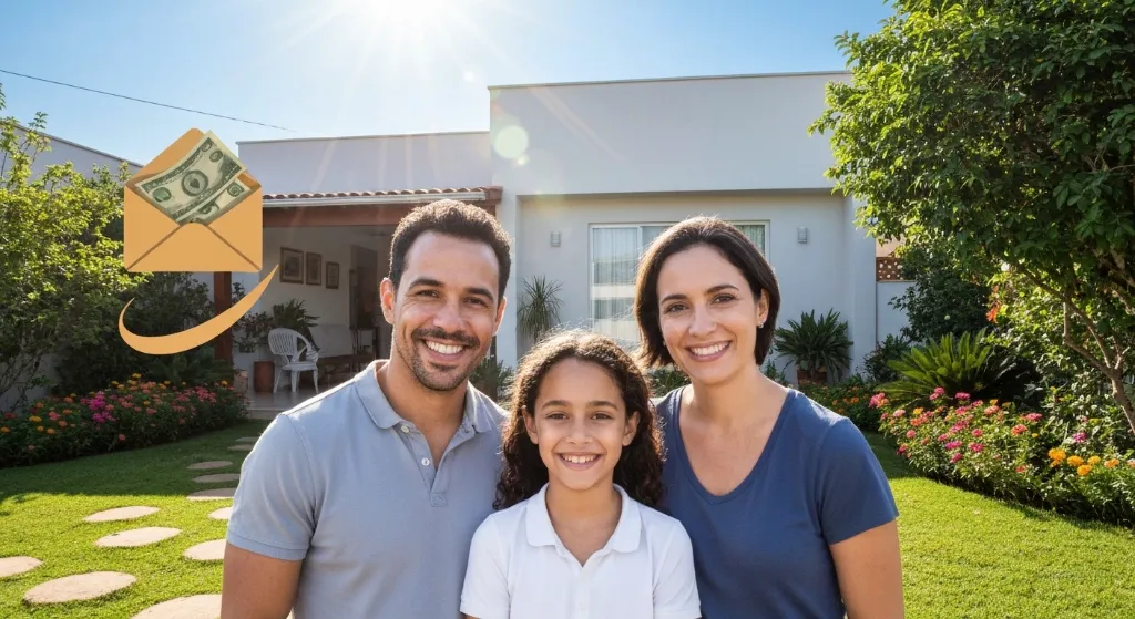 Família feliz em frente a uma nova casa adquirida com FGTS