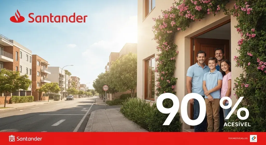 Família feliz em frente a uma casa com financiamento de 90% do Santander