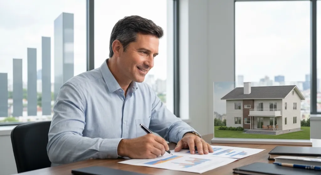 Profissional analisando maquete de imóvel com gráficos de investimento