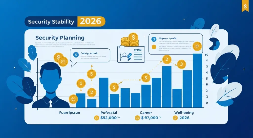 Representação visual de segurança e estabilidade em 2026 com elementos financeiros, de carreira e bem-estar.