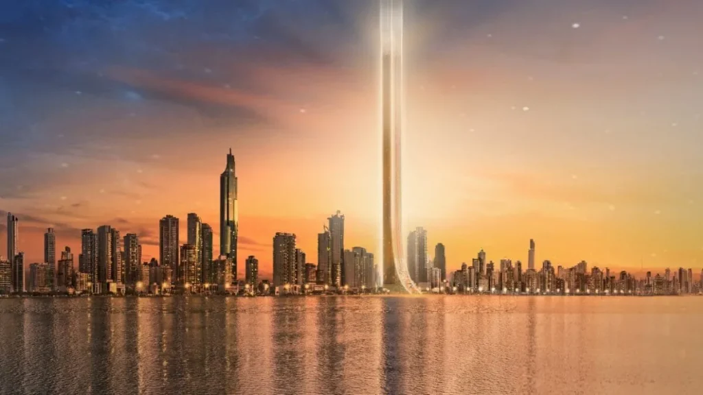 Arranha-céu Senna Tower em Balneário Camboriú à noite, visto de cima.