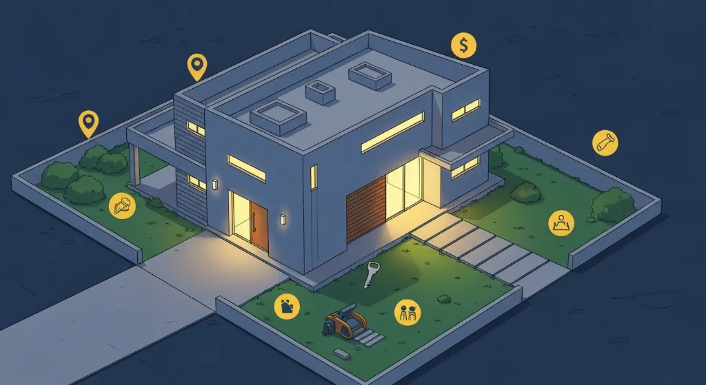 Ilustração de lupa focando em um imóvel promissor com ícones de investimento e comunidade.
