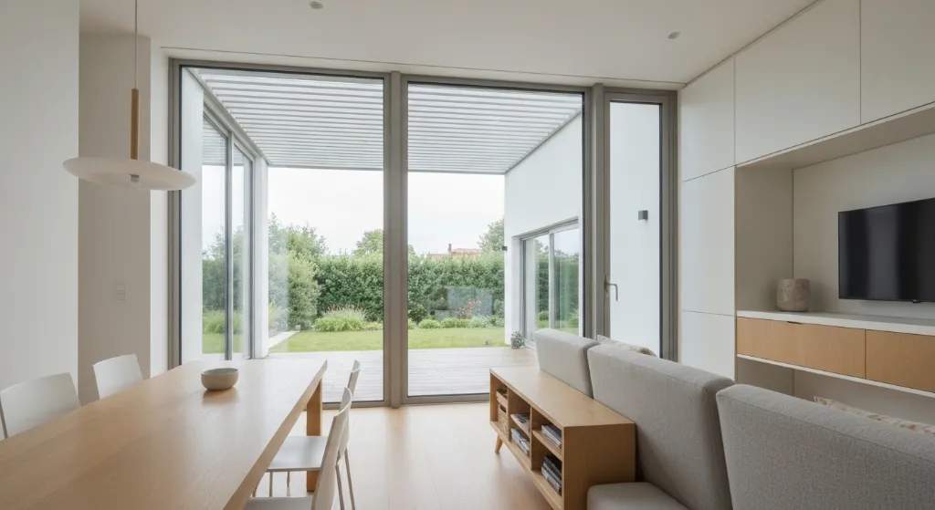 Casa moderna com iluminação natural e organização impecável, transmitindo uma atmosfera acolhedora para compradores.