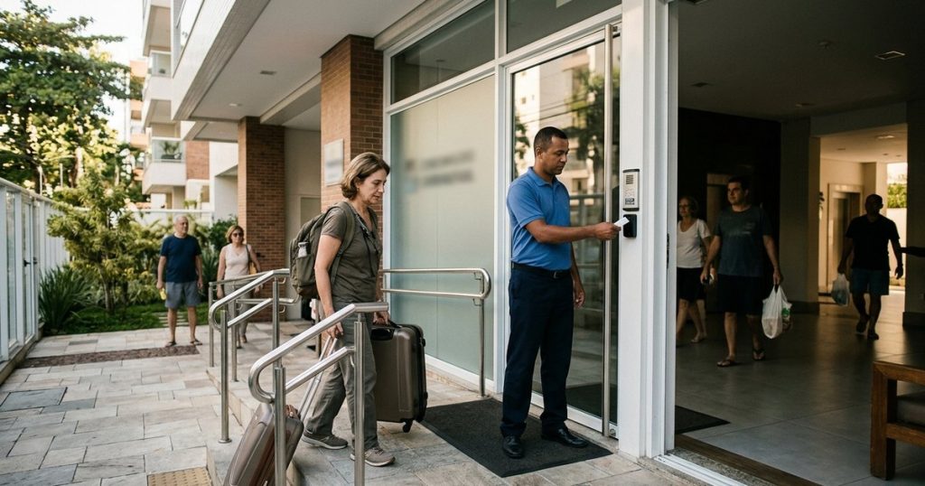 Edifício residencial moderno com pessoas entrando e saindo, refletindo o impacto das novas regras para Airbnb em condomínios.