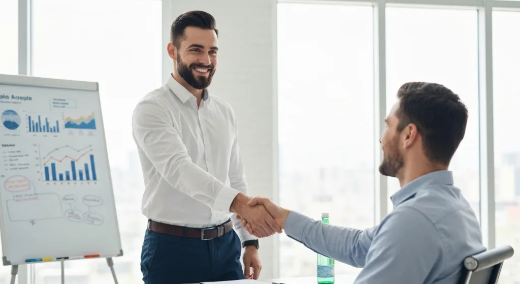 Vendedor e cliente celebrando acordo bem-sucedido com aperto de mão.