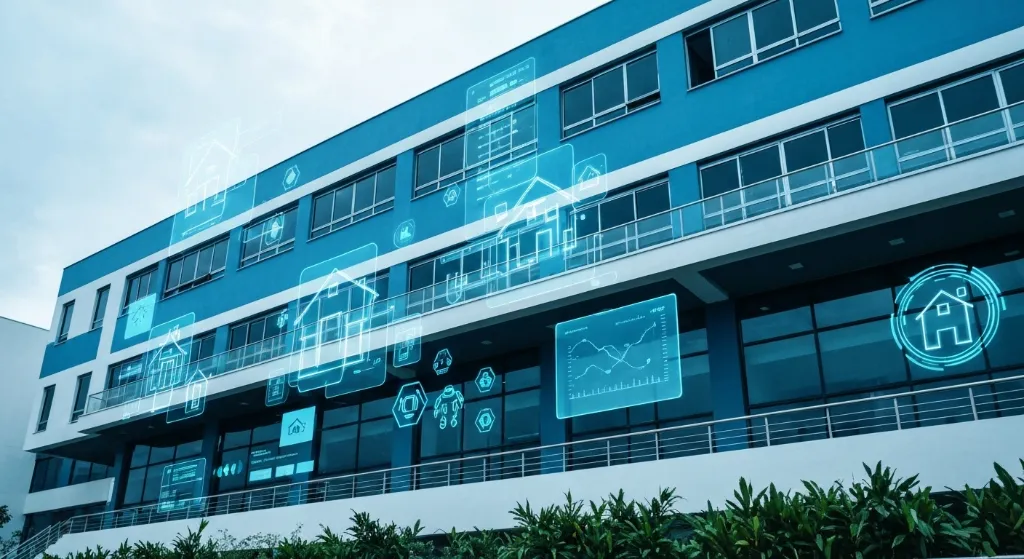 Representação visual da tecnologia impactando o mercado imobiliário com elementos futuristas.