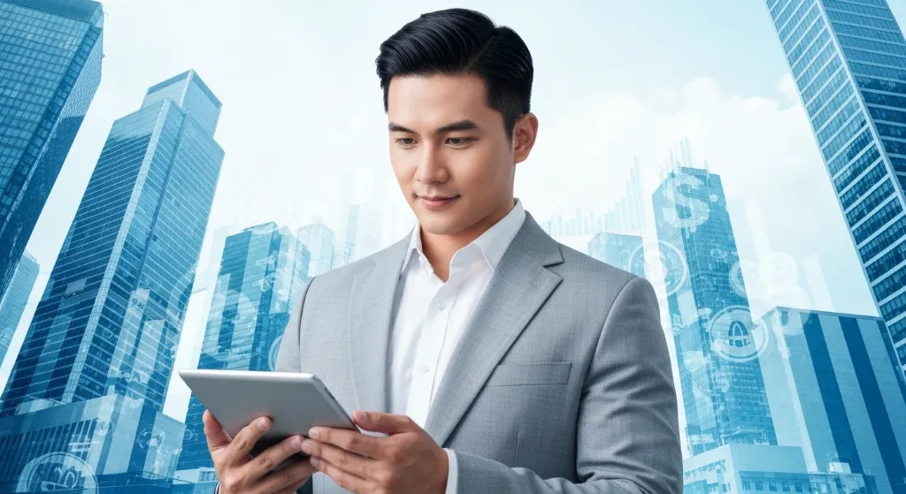 Investidor iniciante analisando tendências do mercado imobiliário em 2026 com otimismo.