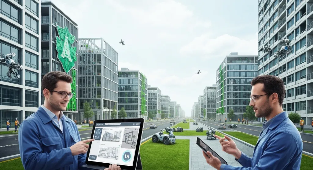 Canteiro de obras futurista com tecnologia e sustentabilidade
