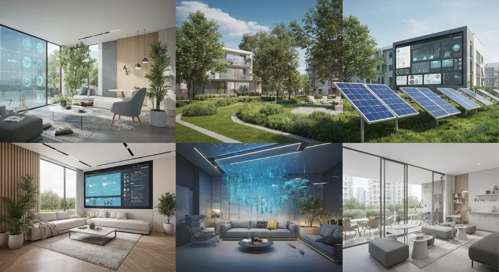 Representação futurista do mercado imobiliário com imóveis inteligentes, sustentáveis e coliving