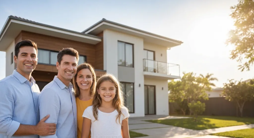 Família feliz em frente à casa própria financiada pela Caixa