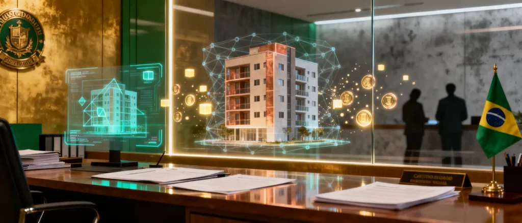 Mesa de escritório com documentos imobiliários, laptop com gráficos e token digital, simbolizando tokenização imobiliária.