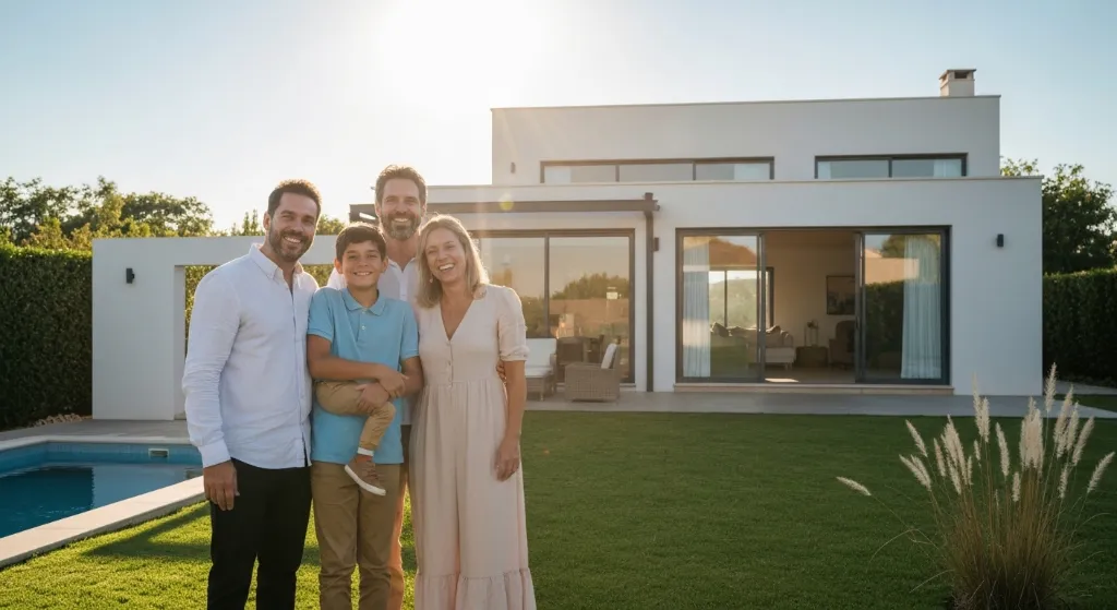 Família feliz em frente à casa própria comprada com FGTS