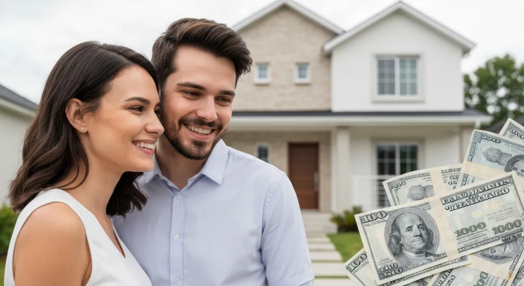 Casal feliz em frente a casa nova com elementos financeiros