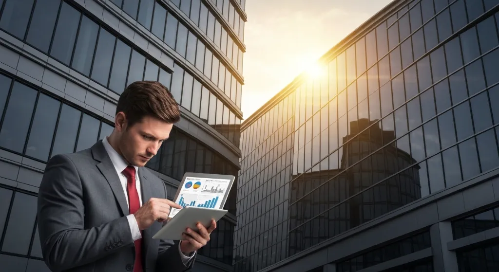 Profissional analisando investimento em imóvel comercial com tablet.