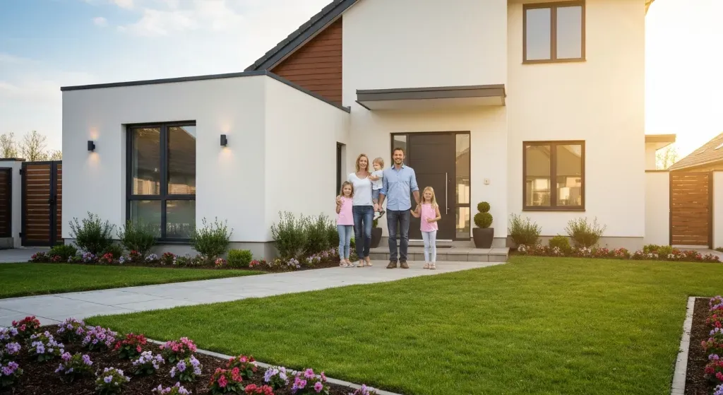 Família feliz em frente a uma casa nova comprada com FGTS