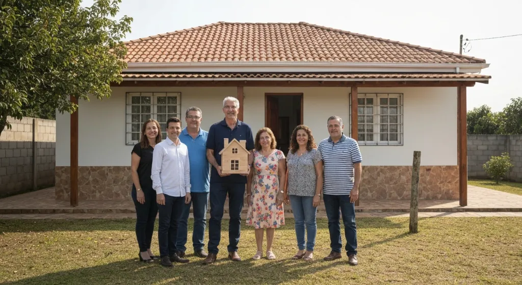 Família feliz em frente à nova casa, com chaveiro em formato de casa.