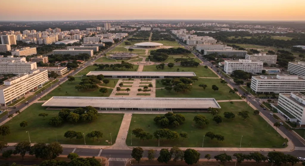 Vista aérea da Asa Norte em Brasília ao pôr do sol, destacando a infraestrutura urbana e áreas verdes.