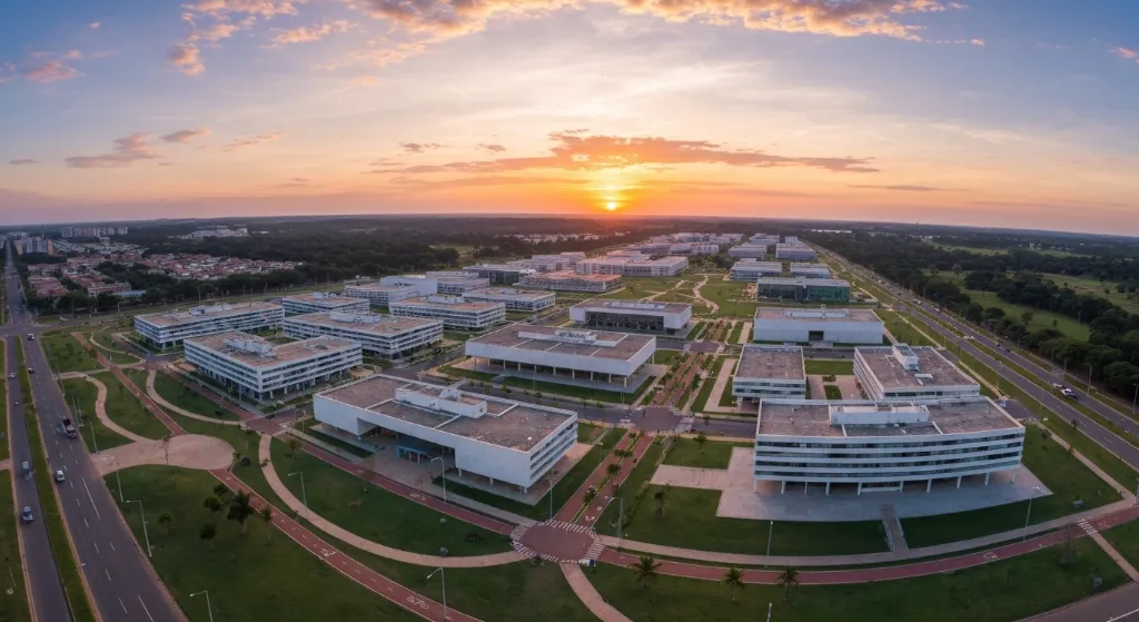Vista aérea da Asa Norte em Brasília ao pôr do sol, mostrando áreas verdes e edifícios modernos.