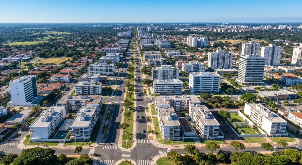Vista aérea da Asa Norte em Brasília com edifícios residenciais e áreas verdes