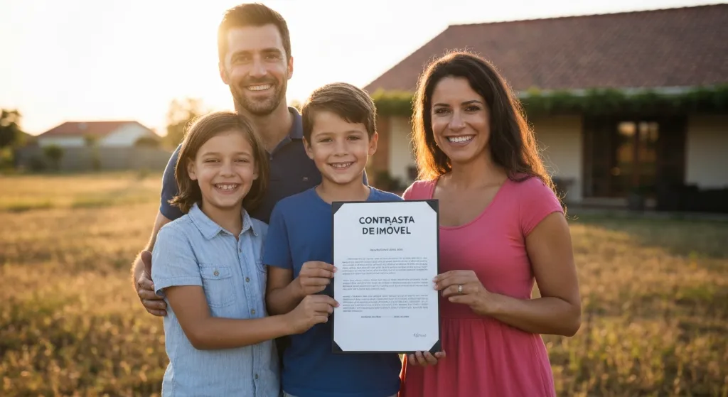 Família comemora a compra de um novo imóvel.