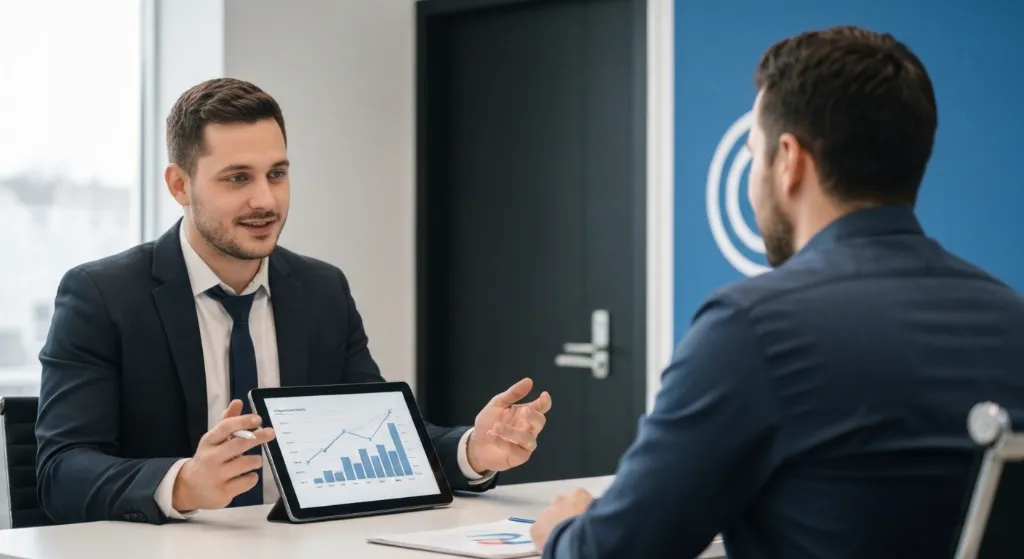 Profissional de vendas credenciado apresentando uma solução a um cliente com confiança e expertise.