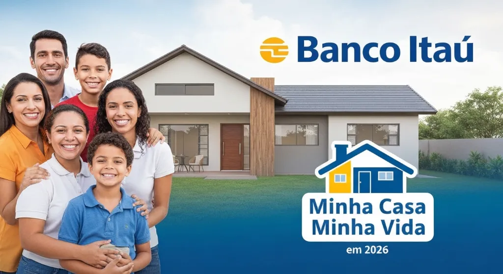 Família feliz em frente a sua nova casa através do Minha Casa Minha Vida com o Itaú