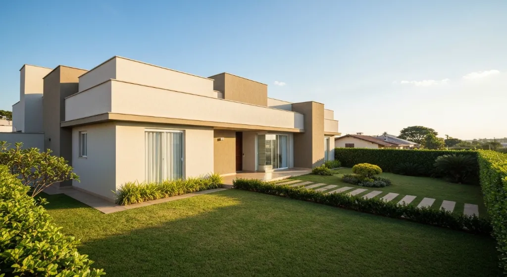 Casa moderna em Brasília pronta para venda, com fachada atraente e jardim cuidado.