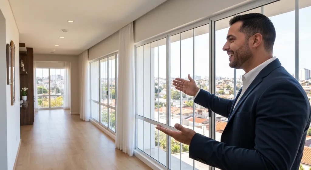 Corretor apresentando imóvel moderno para venda rápida