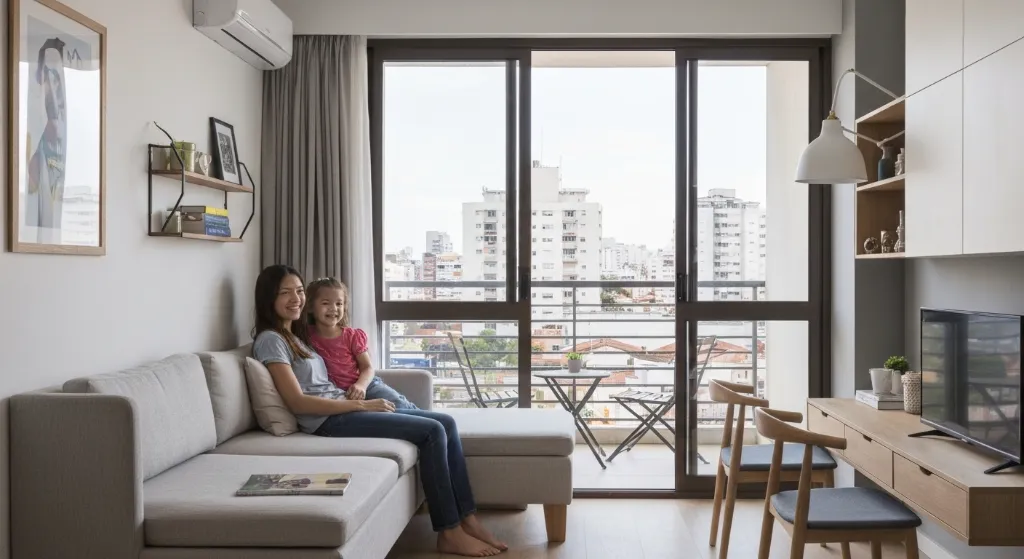 Família em apartamento pequeno e bem decorado