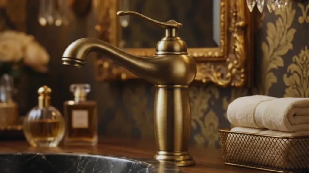 Banheiro com design vintage e maximalista, exibindo torneiras e detalhes em latão, mármore e espelho decorado, representando a valorização de acabamentos históricos.