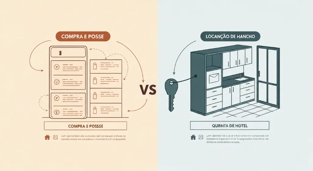 Ilustração comparativa de comprar vs. alugar um imóvel em 2026.